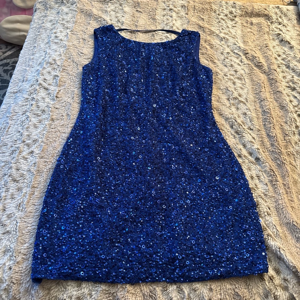 ABS Allen Schwartz Royal Blue Sequin Backless Sheath Dress